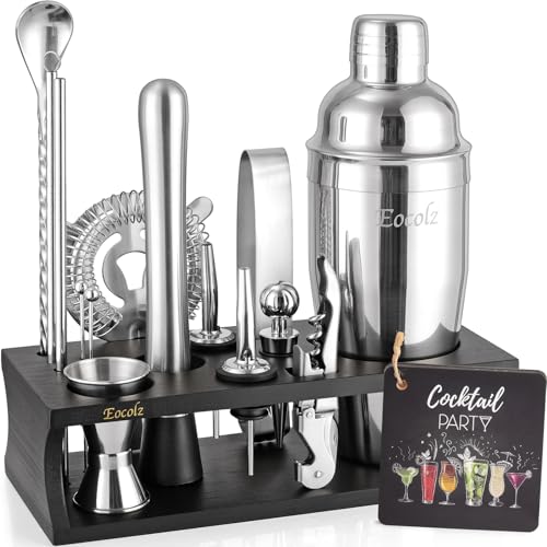 Bartender Kit Cocktail Shaker Set with Stand 17-Piece Bar Tool Bar Set for Drink Mixing Home Bartending Kit Bar Cart Accessories: Martini Shaker, Mixer Spoon, Jigger, Muddler, Strainer & Recipes Gifts - color: Black Silver - 17pcs