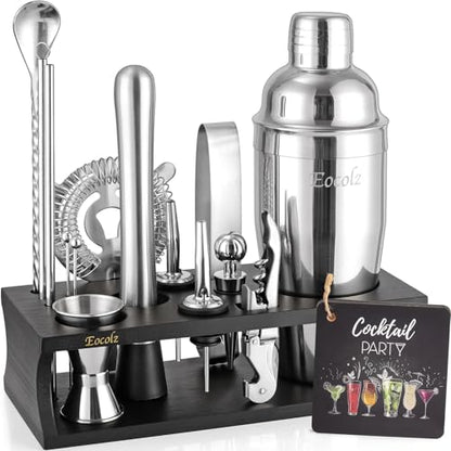 Bartender Kit Cocktail Shaker Set with Stand 17-Piece Bar Tool Bar Set for Drink Mixing Home Bartending Kit Bar Cart Accessories: Martini Shaker, Mixer Spoon, Jigger, Muddler, Strainer & Recipes Gifts - color: Black Silver - 17pcs