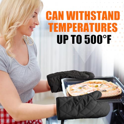 Silicone Oven Mitts, Heat Resistant 2PCS Oven Mitts with Soft Cotton Lining, Waterproof Non-Slip Grip Oven Glove, Kitchen Potholder Mits for BBQ, Baking, Cooking, 10.5Inch - Dark Black - color: Dark Black