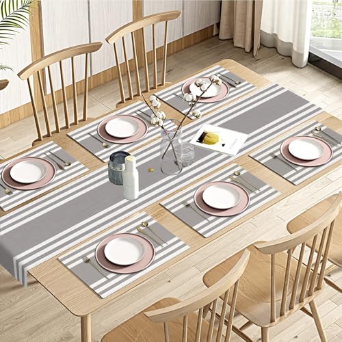 Emvency Table Runner and Placemats Set of 6, White Grey Stripes | Modern Geometric Art Dining Decor for Daily Use(1 Table Runner 72 inches Long and 6 Placemats) - color: Grey White Stripes