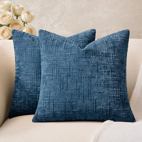 Throw Pillow Covers Blue Set of 2 18x18 Inch Pillow Covers, Soft Chenille Neutral Decorative Pillowcases for Couch Sofa Bed Living Room, Home Boho Decor, Modern Farmhouse Cushion Covers - color: Blue, size: 18" x 18" (Pack of 2)