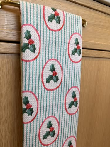 Kitchen Towels, Dish Towels for Kitchen, 3 Pc Kitchen Towel Set | Microfiber Waffle Towels, 16 x 26 inches, with Hanging Loops, Reusable Tea Towels, Cute Kitchen Towels - 3 Pack - color: Christmas Holly