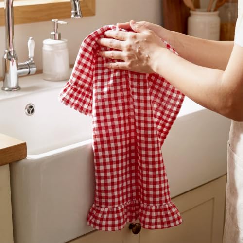 HunnmingRe Red Kitchen Towels Set of 2, 100% Cotton Ruffled Gingham Dish Towels 18"x28" Tea Cloths Classic Plaid Pattern for Farmhouse Charm, Drying Dishes, Entertaining Guests - color: Red, style: Gingham