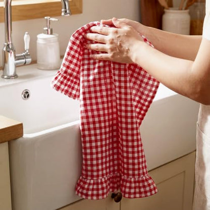 HunnmingRe Red Kitchen Towels Set of 2, 100% Cotton Ruffled Gingham Dish Towels 18"x28" Tea Cloths Classic Plaid Pattern for Farmhouse Charm, Drying Dishes, Entertaining Guests - color: Red, style: Gingham
