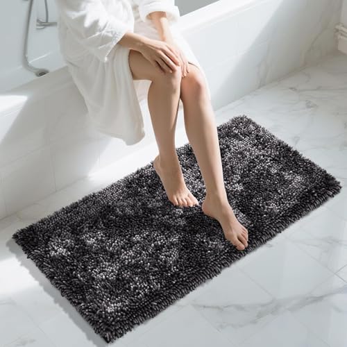 Yimobra Long Bathroom Rug Non Slip 44x24 Inch, Extra Thick Soft Absorbent Chenille Bath Mat, Machine Washable Quick Dry Bath Rugs for Bathroom Floor, Tub and Shower, Home Decor Accessories, Dark Grey - color: Dark Grey, size: 44" X 24"