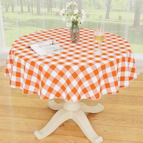 Smiry Plastic Table Cloth, Waterproof Vinyl Tablecloth with Flannel Backing, Wipeable Buffalo Plaid Table Cover for Picnic, Indoor and Outdoor (Orange & White, 60" Round) - color: Orange & White, size: 60" (Round)