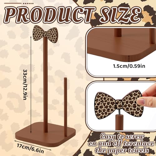 Leinuosen Leopard Print Bow Paper Towel Holder Coquettish Cute Bow Wooden Paper Towel Holder Cheetah Print Bathroom Countertop Accessories Kitchen Stand Roll Organizer Standing Apartment Decor Gift - style: Leopard Print Bow
