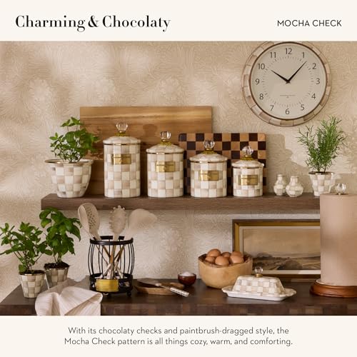 MACKENZIE-CHILDS Enamel Herb Pot Set, Small, Brown-and-White Mocha Check | Hand-painted design, small plant pots for herbs or flowers, 3.5" dia. x 3.25" H, 8-ounce capacity per pot, set of 3 - color: Mocha Check