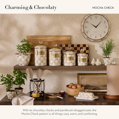 MACKENZIE-CHILDS Enamel Herb Pot Set, Small, Brown-and-White Mocha Check | Hand-painted design, small plant pots for herbs or flowers, 3.5" dia. x 3.25" H, 8-ounce capacity per pot, set of 3 - color: Mocha Check