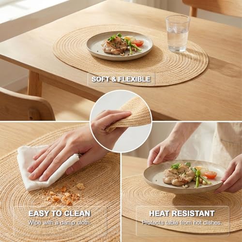 Placemats Set of 6, Woven Oval Braided Dining Table Mats(Beige Brown) | 12 x 17.5 Inch Size Fits Plates and Flatware; Hand Washable and Heat Resistant for Kitchen Use, with Farmhouse and Boho Style - color: Beige Brown, size: 6 pcs