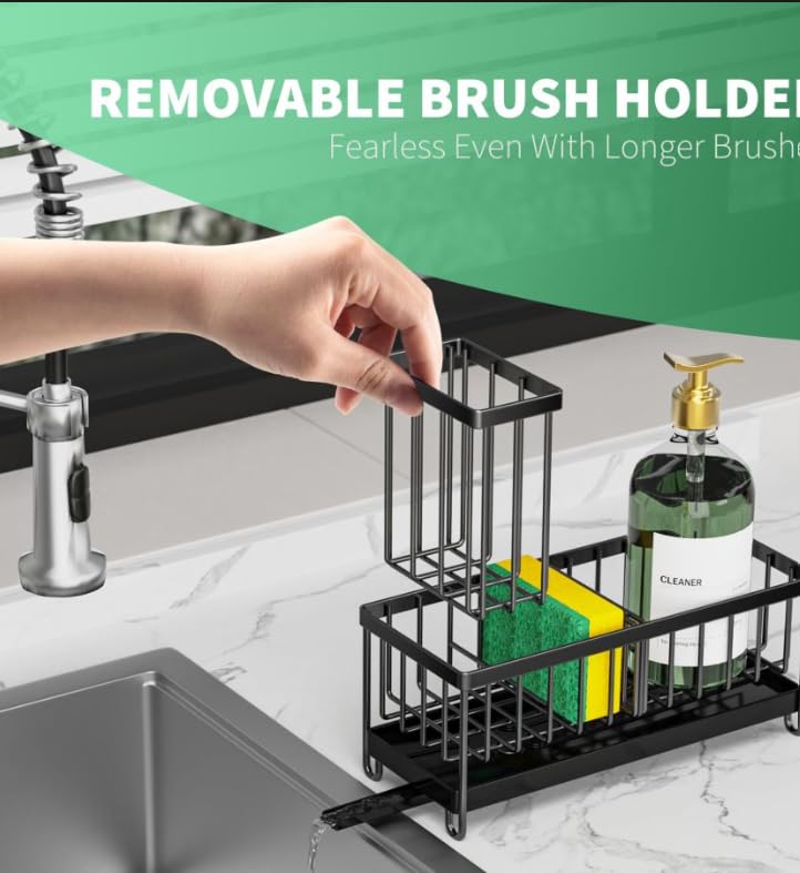 Kitchen Sink Organizer, Large Sink Caddy with Drain Tray, Stainless Steel Sponge Holder, Dish Cloth Rack, Brush Holder, Rustproof Countertop Kitchen Organizer