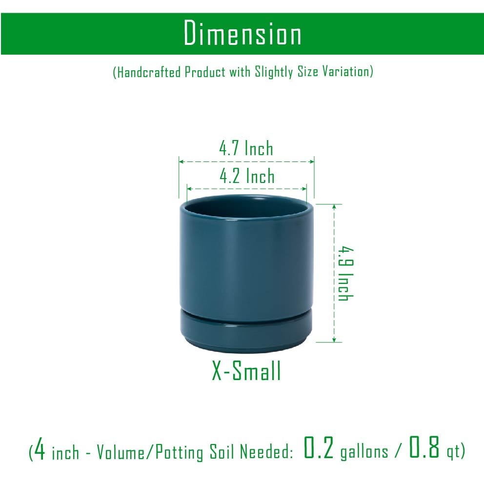 D'vine Dev 4-Pack Ceramic Pots with Saucers, Teal, 4.7 in, 94-X-B-9 | Glazed Ceramic, Drainage Hole and Saucer, Sleek Cylinder Shape, High Temperature Fired, Ideal for Small Houseplants - color: Teal, size: 4.7 Inch