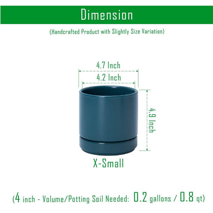 D'vine Dev 4-Pack Ceramic Pots with Saucers, Teal, 4.7 in, 94-X-B-9 | Glazed Ceramic, Drainage Hole and Saucer, Sleek Cylinder Shape, High Temperature Fired, Ideal for Small Houseplants - color: Teal, size: 4.7 Inch