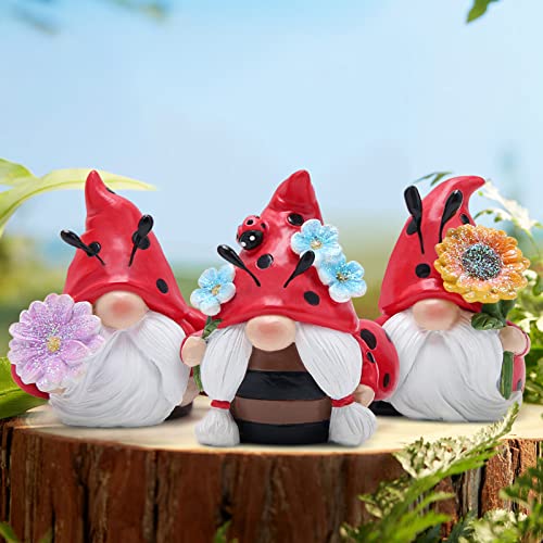 Hodao Spring Ladybug Gnome Decor Set of 3, Resin Floral Figurines for Tiered Tray Shelf Table Display, Cute Farmhouse Home Accent, Year Round Gift for Women, Friends and Family - style: Ladybug Gnome