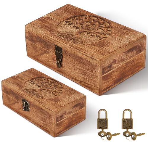 2 Wooden Tree Keepsake Boxes with Lock, (8x5x3.2 Inch & 7x3.7x2.8 Inch), Handmade Decorative Wooden Box Treasure Chest Box, Gift Ideas for Men & Women Jewelry Rings Storage - color: Dark Color, size: 8 x 5 x 3 & 6.5 x 4 x 2 inches, style: Tree of Life