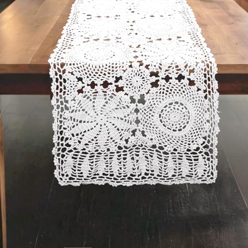 kilofly Handmade Crochet Cotton Rectangular Table Runner, 15 x 43 inch, White - color: White, size: 15 x 43 Inch