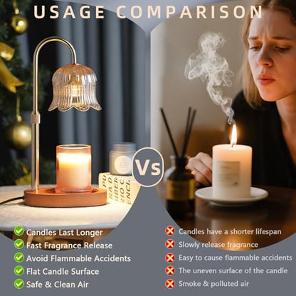 CRMILL Candle Warmer Lamp with Timer: Adjustable Dimmable Height Adjustable Warming - Flower Shape Wax Lamp Jar Candles No Flame Modern Home Decor Table Lights - Home Living Bedroom - color: Amber-electroplatedgoldplating
