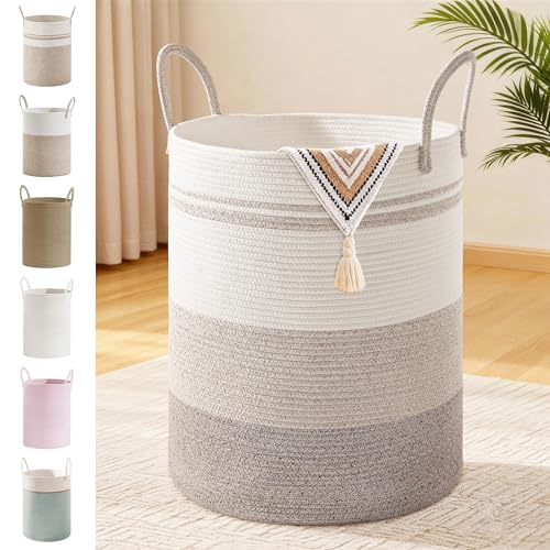88L Large Tall Cotton Rope Laundry Basket with Handles, Brown Striped | Storage Bin for Clothes, Blankets & Kids Toys, Boho Woven Hamper, Portable Organizer for Nursery, Bedroom, Living Room - color: Brown Striped, size: 88L