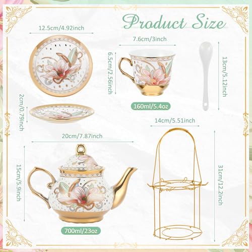 Zhehao 20 Pcs Porcelain Tea Set with Metal Holder and Spoon Adult Ceramic Tea Set European Flower Painting Teapot Cup Saucer Spoon for Women Mom Gift, Large Version (Traditional Style) - color: Traditional Style