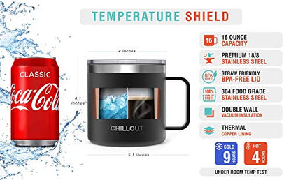 CHILLOUT LIFE Stainless Steel 16 oz Vacuum Insulated Coffee Mug with Handle and Lid, Large Thermal Camping Coffee Mugs with Sliding Lid for Men & Women - Keeps your Beverages Hot/Cold, 2 Pack - color: Black, size: 16 Ounces - 2 Pack