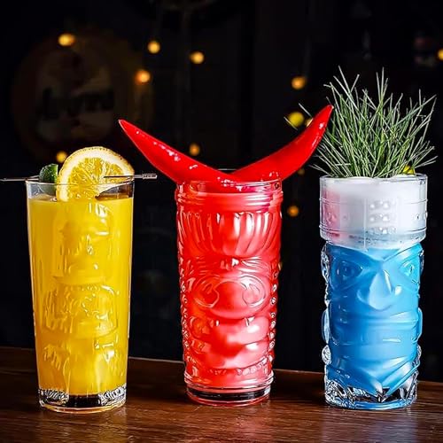 Tiki Glasses Set of 6 - 14 Oz Highball Glasses for Cocktails - Modern Clear Tropical Cups Tumbler Set - Mixed Drinking Glass for Hawaiian Bar Island Party Beverages Iced Tea