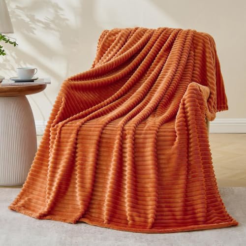 Bnuitland Burnt Orange Fleece Throw Blanket for Couch, 300GSM Soft Warm Cozy Fluffy Throw for Adults & Kids, Stripe Pattern 50"x60", All Season Sofa Bed Blanket for Home Decor - color: Orange, size: 50x60 Inch