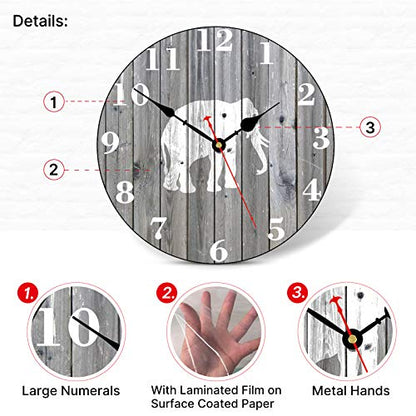 TAHEAT 14 Inch White Elephant Pattern Wall Clock, Retro Country Wooden Grain Clocks, Round Silent Non Ticking Wall Clock, Battery Operated Easy to Read Clocks for Kitchen/Living Room/Bedroom - color: White Elephant Pattern, size: 14 Inch
