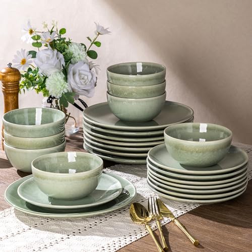 AmorArc Ceramic Dinnerware Sets for 8, 24 Pieces Handpainted Plates and Bowls Set, Scratch Resistant Stoneware Dishes Set, Dishwasher & Microwave Safe, Olive Green - color: Olive Green, size: Service for 8