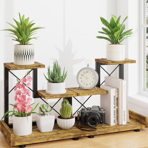 LASZOLA Plant Stand Indoor Tabletop Small for Desk, 3 Tier Wooden Brown | 2 Pack Corner Shelf for Succulents, Countertop Flower Holder Display Rack Organizer for Office Kitchen Decor - color: Standard Brown
