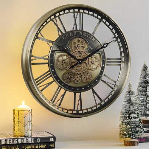 21" Metal Roman Numeral Wall Clock with Moving Gears, Gold | SIilent Non Ticking, Aluminum Dial, Unique Modern Wall Clocks for Living Room, Dinning Room, Entryway & Home Office - color: Roman Brass Gold, size: 21"