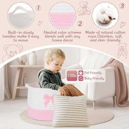 LemonRoad Pink Bow Extra Large Cotton Rope Basket 20"x14", Embroidered Woven Baby Laundry Blanket Basket Box with Handle Storage, Blanket Storage for Living Nursery Pillows Laundry Baby Toy Chest - style: Bow