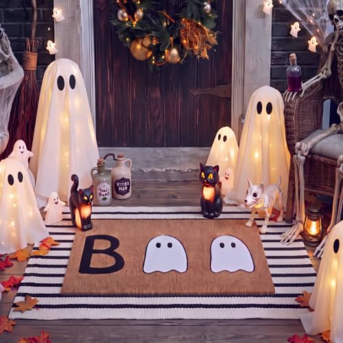 Moucuny 2 Pcs Halloween Welcome Door Mat Ghost Outdoor Welcome Mats for Front Door Non Slip Cute Ghost Coir Floor Mat Black White Stripe Halloween Rug for Outside Front Porch Entryway Decor