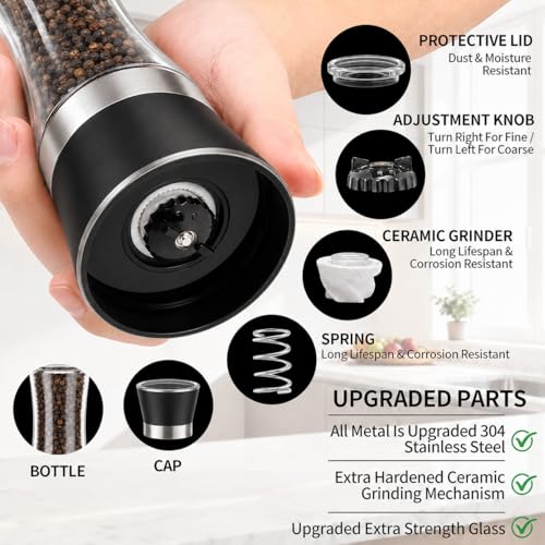 Premium Salt and Pepper Grinder Set of 2, 6 oz Refillable Glass Salt and Pepper Shakers with Adjustable Ceramic Grinder, Manual Pepper Mill Set Includes Funnel & Cleaning Brush, ransparent Lid - color: Black, size: 2.5"W x 7.5"H
