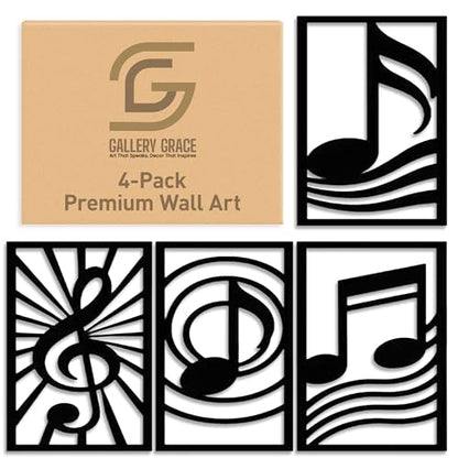 GALLERY GRACE 4-Pc Music Notes Metal Wall Art, Black Wall Decor Set | 11 x 16 In Metal Panels, Music Notes Wall Decor, Minimalist Style, Ready to Hang, for Living Room, Office, Studio or Bedroom - style: Modern Musical Art