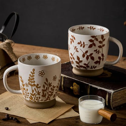 18 Oz Large Ceramic Coffee Mug Set of 2 - Rustic Handmade Floral Mugs with Handle, Microwave Safe for Latte Espresso Cappuccino Tea Cocoa Milk, Modern Unique Big Cups for Kitchen Women(Caramel Brown) - color: Caramel Brown