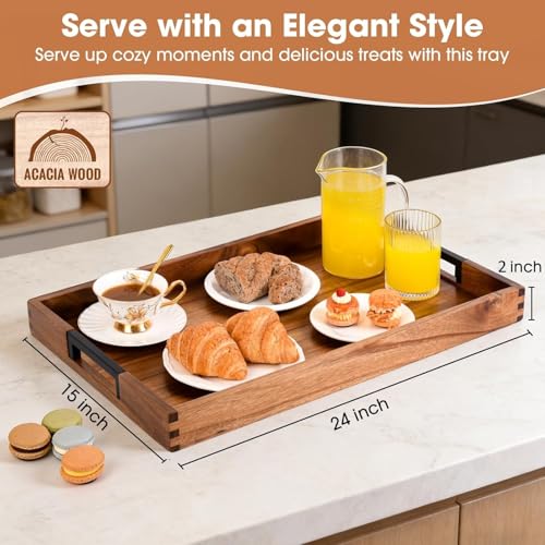 Large Ottoman Tray for Living Room and Coffee Table, Decorative Acacia Wood Serving Tray with Metal Handles for Breakfast in Bed, Dinner Food Kitchen TV (Natural, 24" x 15" x 2") - size: 24" x 15" x 2"