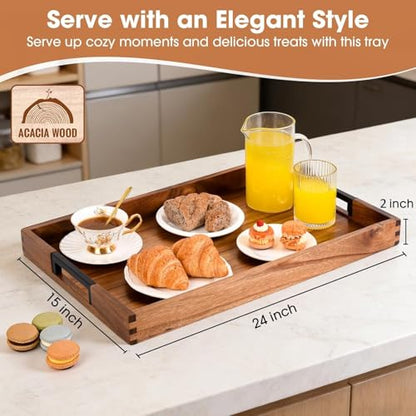 Large Ottoman Tray for Living Room and Coffee Table, Decorative Acacia Wood Serving Tray with Metal Handles for Breakfast in Bed, Dinner Food Kitchen TV (Natural, 24" x 15" x 2") - size: 24" x 15" x 2"