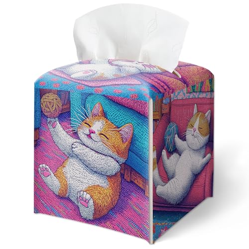 Cozy Cats on The Sofa Prints Tissue Box Cover, Playful Cats Tissue Box Cover Square-Waterproof Leather, Desktop Decor for Living Room Vanity Office, Aesthetic Home Decor, Gift for Women & Friend-A28 - color: Playful Cats