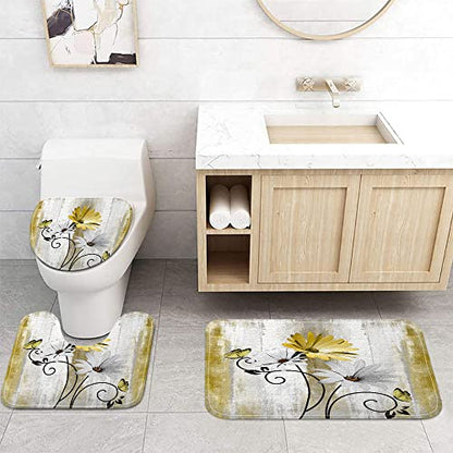 Rustic Farmhouse Bath Mat Set, Farm Yellow Daisy Floral Flowers and Butterfly on Country Wooden Bathroom Mat Set with Non-Slip Bath Rug, Soft Toilet Lid Cover and Contour Mat, Grey(Yellow) - color: Yellow