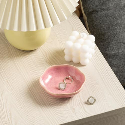 BEUNAIZER Ceramic Ring Dish, 4.3 in Flower Jewelry Tray with Raised Sides | Deep flower shape helps hold more small items and reduces the chance of jewelry sliding out. - color: pink