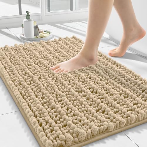 Smiry Bathroom Rugs 24X16, Extra Soft Rubber Backing Chenille Bath Mats | Beige Machine Washable Non Slip Quick Dry Bath Mats for Bathroom Floor, Tub, Shower, Home Decor Accessories - color: Beige, size: 24'' X 16''