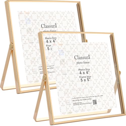 Gold 5x5'' Square Floating Frame Set of 2,For Photo Sizes (3x3''& 4x4''),Beautiful Metal Beaded Edge Frames Adjustable Tabletop/Shelf Photo Frame,Classy Gift Choice for Wedding,Chrismas - color: Gold, size: 5x5'' (2PK)