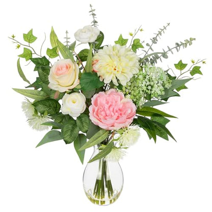 Briful Artificial Floral Arrangement with Faux Water – 19.7” Tall Mixed Peony, Rose, Dahlia & Eucalyptus Fake Flowers in Vase – Faux Flower in Glass Vase for Home Table Centerpiece Decoration