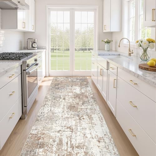 LOONGRUG Runner Rug 2x6 Washable Non-Slip Kitchen Neutral Modern Rug | Abstract Soft Stain Resistant Indoor Accent Throw Carpet for Hallway Bathroom Laundry Room Entryway Bedroom - color: Abstract Grey Brown, size: 2' x 6' (Runner)