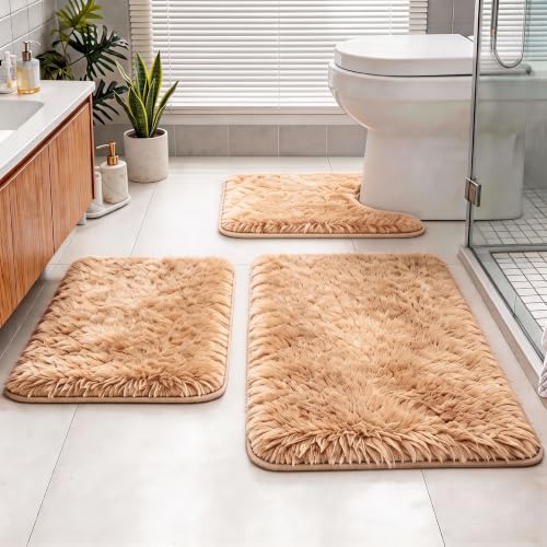 Shaggy Bathroom Rugs Set Plush Velvet Bath Rugs Non-Slip Bath Mat Set 3 Piece,Washable Mats,Absorbent Shaggy Rugs Super Soft U-Shaped Toilet Rug,Bahroom Carpets for Bathroom,Tub,Shower(Brown - color: Brown