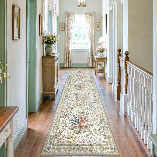 Washable Hallway Runner Rug 3x10: Vintage Farmhouse Runner for Long Corridor Entry Hall - Machine Washable Non Slip Low Pile Carpet - Soft Foldable Rug for Everyday Family Living - 3'x10' Beige - color: Beige, size: 3x10