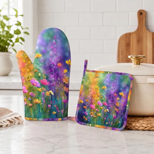 Wild Lavender Oven Mitts and Pot Holders Sets Silicone Heat Resistant Kitchen Oven Gloves Pot Holder for Cooking Baking Grilling BBQ - color: Wild Lavender
