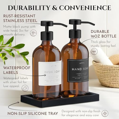 Glass Soap Dispenser Set of 2 (Amber) with Silicone Tray | Hand and Dish Soap Dispenser for Kitchen and Bathroom | 16.8 Oz Glass Bottles with Stainless Steel Pump & 15 Waterproof Labels (Amber/Black) - color: Amber/Black