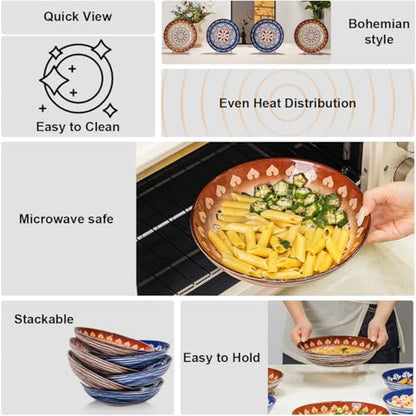 Yeacccng Bohemian Pasta Bowls Set of 6, 8.5 Inch 35 oz Ceramic Serving Bowls, Large Salad Bowl Bowls, Lead-Free, Dishwasher Microwave Oven Safe, Brown Blue Kitchen Decor - size: 8.5 inch pasta bowl (Brown*3 + Blue*3)