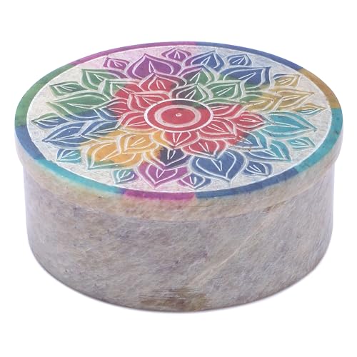 Ajuny Small Jewelry Box Handmade Marble Soapstone Mandala Trinket Holder | Handcarved Round Container for Rings, Keepsakes, Dresser Accent, Shelf Display, and Gifting 3 x 3 x 1.2 inch
